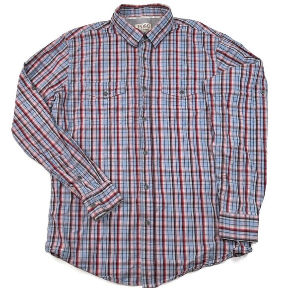 PD&C Button Up Shirt Mens Large Long Sleeve Blue Red Plaid - Picture 1 of 9